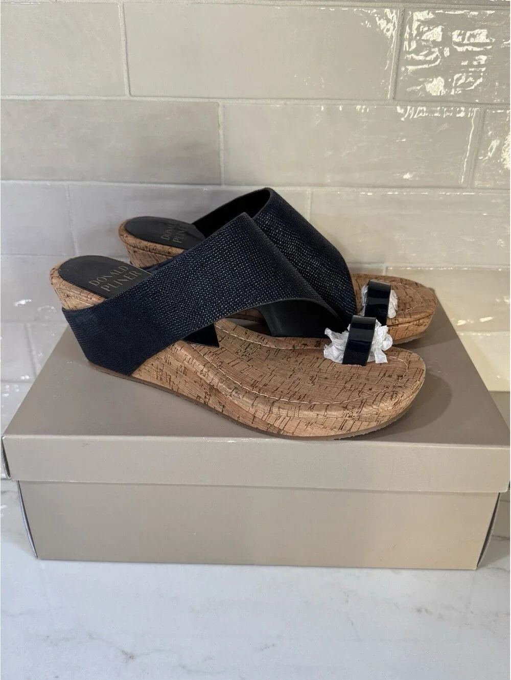 Donald Pliner Women's Gyer Embossed Suede Wedge Sandal Navy Size 7.5